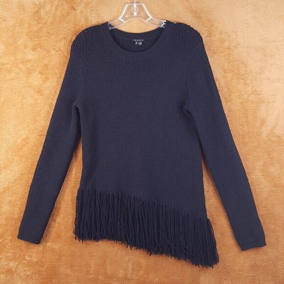 THEORY Womens Sweater Medium Black Pullover Fringe Asymmetrical Merino Wool - Picture 1 of 8